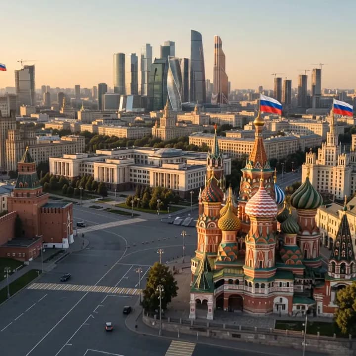 Aerial view of St Basil's Cathedral, the Kremlin walls and the Moscow skyline, Russia