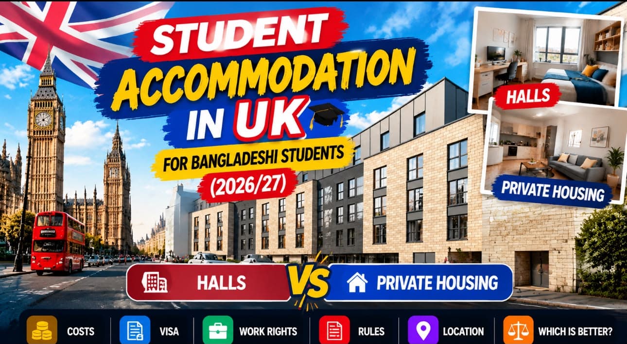 Bangladeshi student unpacking in a bright UK university hall bedroom, representing student accommodation in the UK