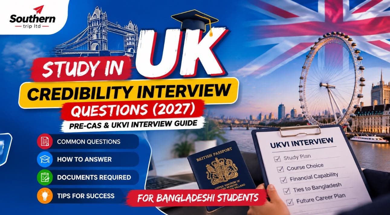 Bangladeshi student taking an online UK credibility interview on a laptop with passport ready, representing pre-CAS and UKVI interview preparation